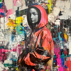 Street Art Portrait: A striking street art portrait of a woman in a red hoodie, the backdrop a vibrant explosion of color and abstract graffiti, creates a gritty yet artistic narrative.