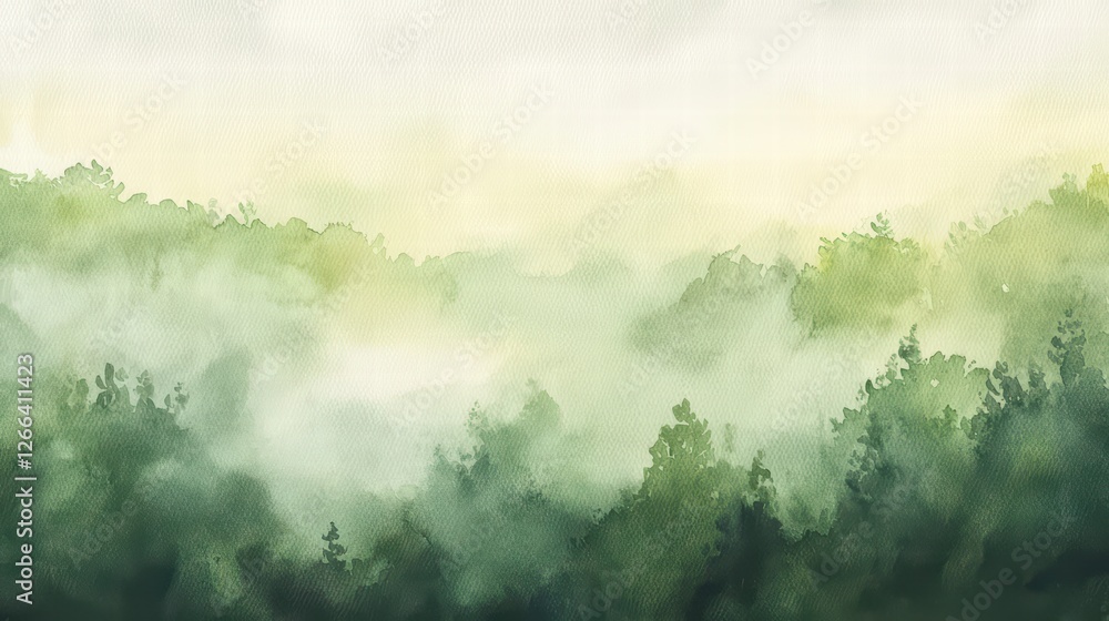 Poster mystical canopy: an ethereal view of a lush, foggy forest canopy. the scene evokes tranquility and w