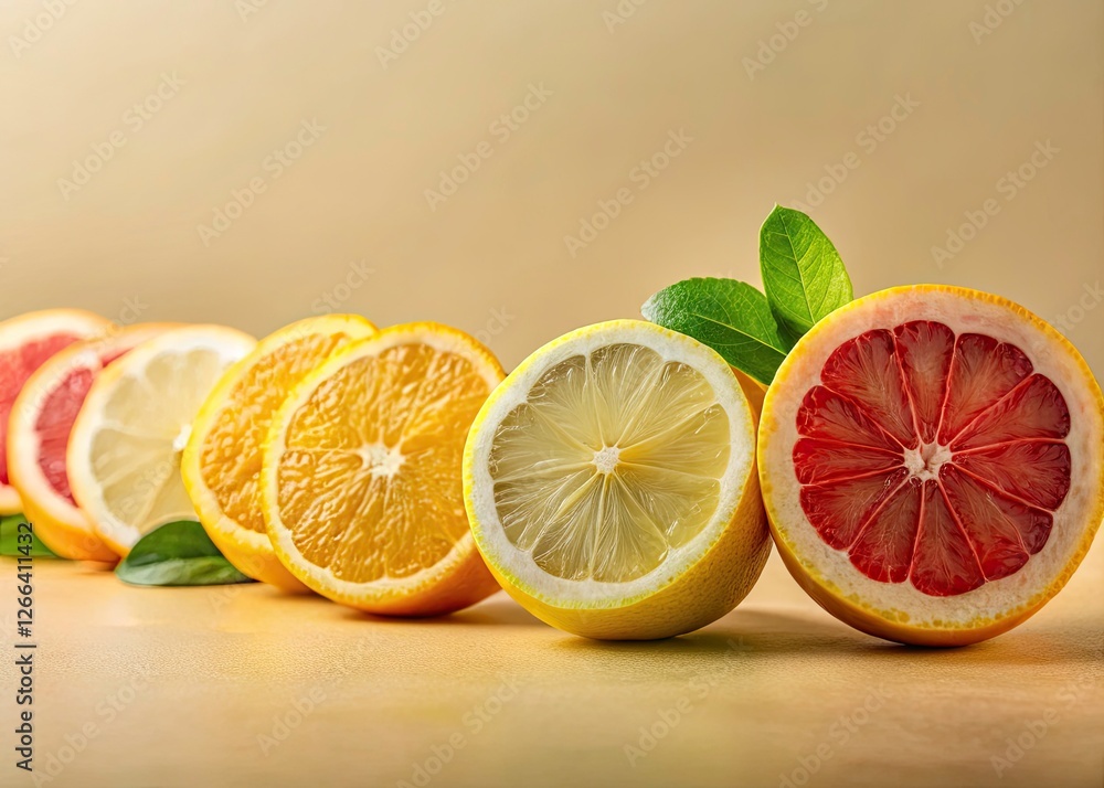 Poster vibrant lemon and grapefruit slices burst against a minimalist beige backdrop in this macro summer c