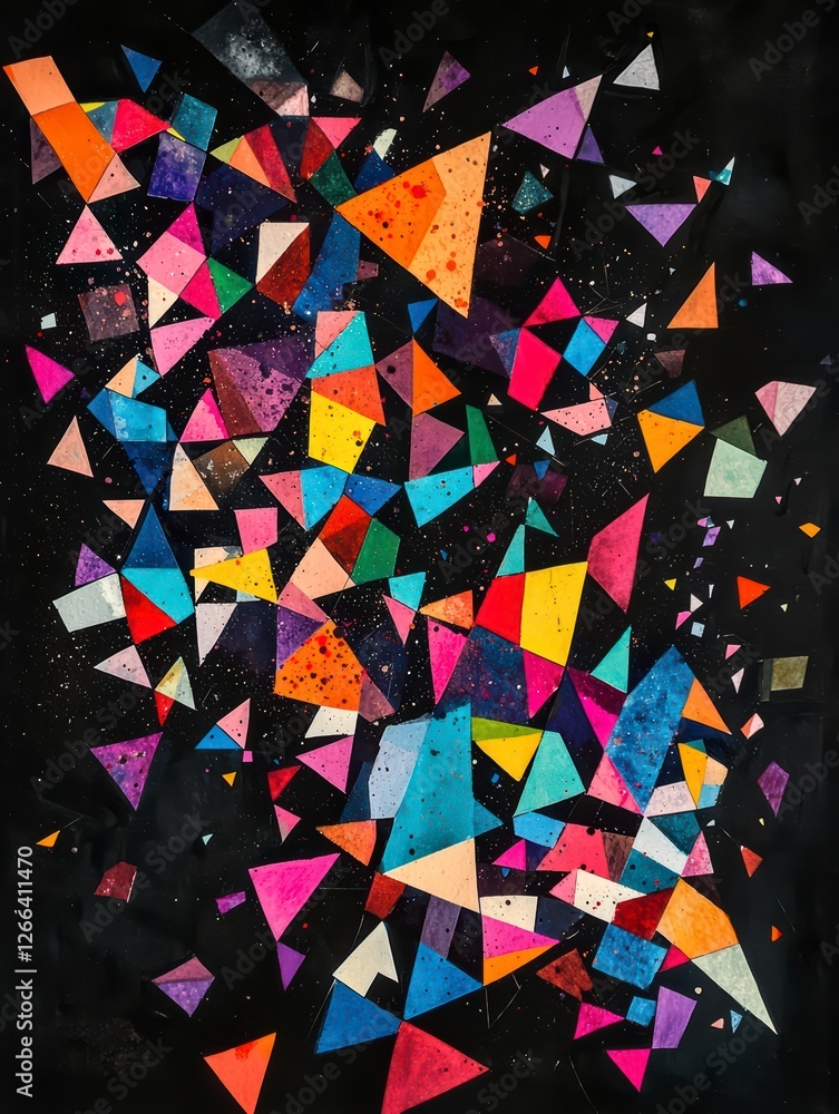 Poster exploding colors: a vibrant explosion of multicolored geometric shapes bursts against a black canvas