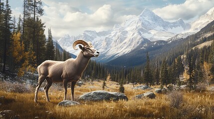 Obraz premium Majestic Bighorn Sheep Standing in Mountain Landscape with Snowy Peaks 