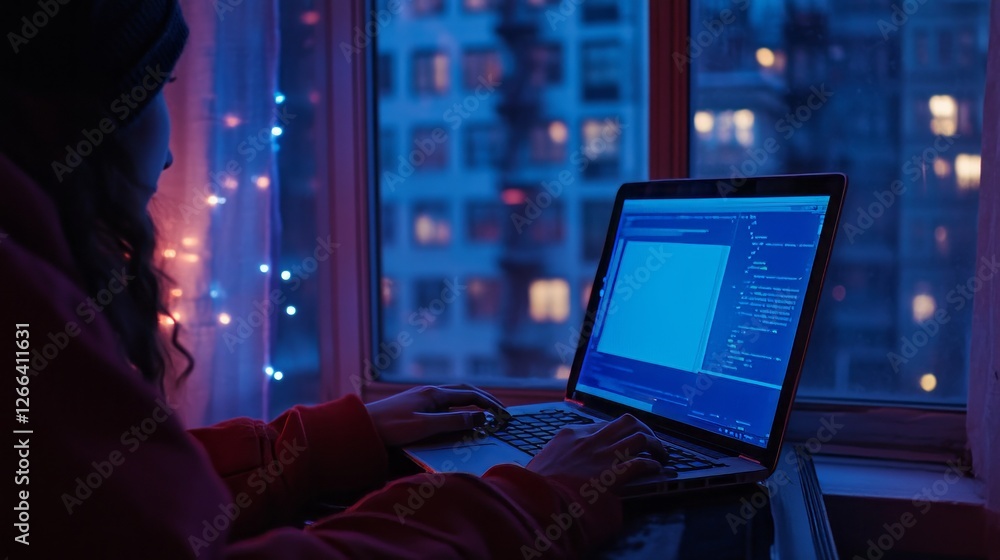 Poster professional workspace scene of a person typing on a laptop computer near a large window with natura