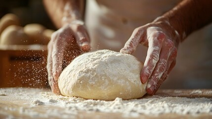 Obraz premium Kneading Dough for Artisan Bread Bakery Kitchen Culinary Process Warm Environment Close-Up Homemade Flavor