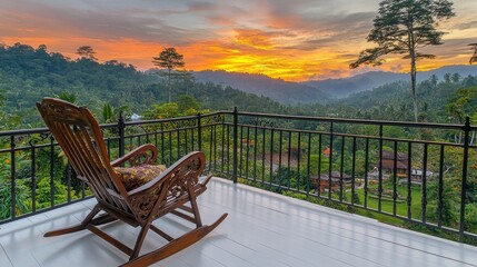 Fototapeta premium Sunset view from mountaintop balcony; relaxing rocking chair; lush greenery
