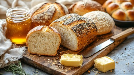 Freshly Baked Bread with Honey and Butter on Wooden Cutting Board Cozy Kitchen Setting