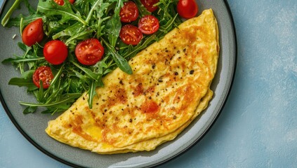 Healthy breakfast omelet with salad on plate, studio shot