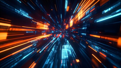 Digital tunnel effect, vibrant streaks, data flow,  glowing codes