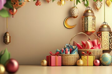 Islamic sale decoration background with basket, ketupat,lantern, crescent, gift box, ramadan kareem,  with generative ai