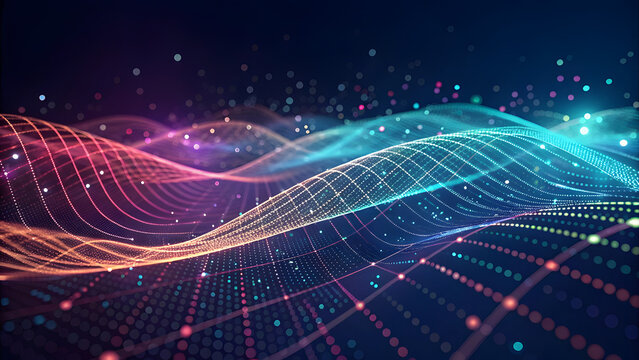 Futuristic Data Flow Background with Glowing Dots and Gradient Colors. Perfect for: Virtual Reality Events, Tech Seminars, Cloud Computing Expos