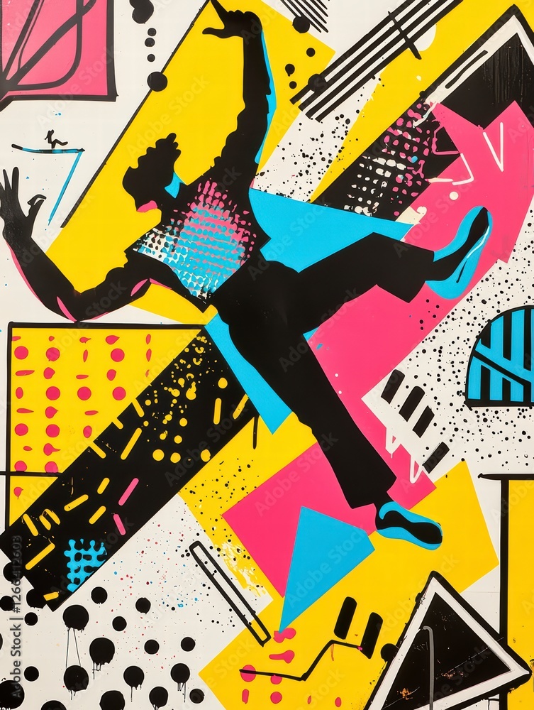Poster dancing silhouette: dynamic silhouette in a vibrant composition of geometric shapes. a striking port