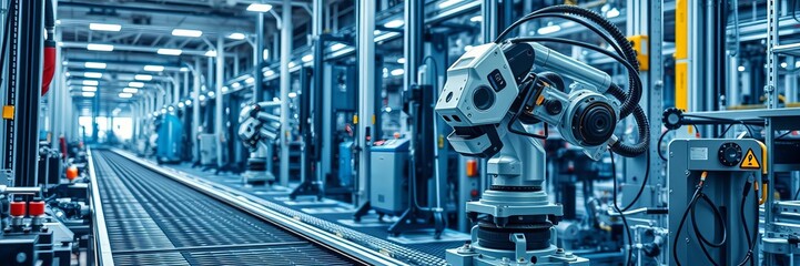 Fototapeta premium Industrial robot with transducer working on assembly line in smart factory, manufacturing, automation, sensor technology