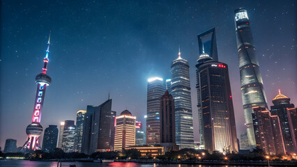 Fototapeta premium Futuristic Cityscape with Glowing Skyscrapers Representing Global Trade Tensions. Perfect for: International Business Conferences, Financial Tech Summits, Economic Forums