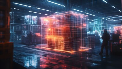 Warehousing future, workers with holographic cargo in a modern warehouse