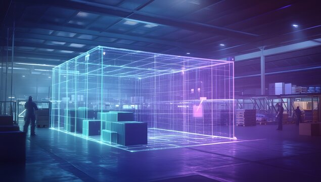 Warehouse interior, futuristic display, workers, data visualization