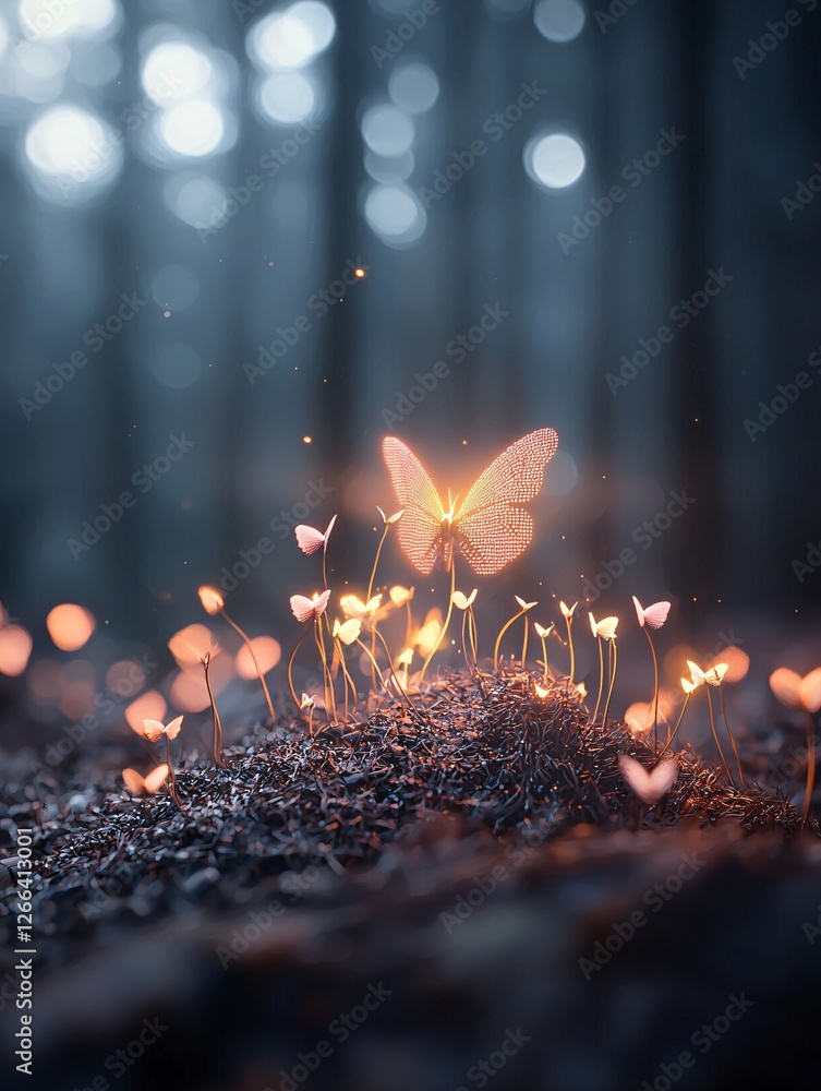 Poster a mesmerizing dreamscape where luminous butterflies of pure data flutter through glowing fractal for