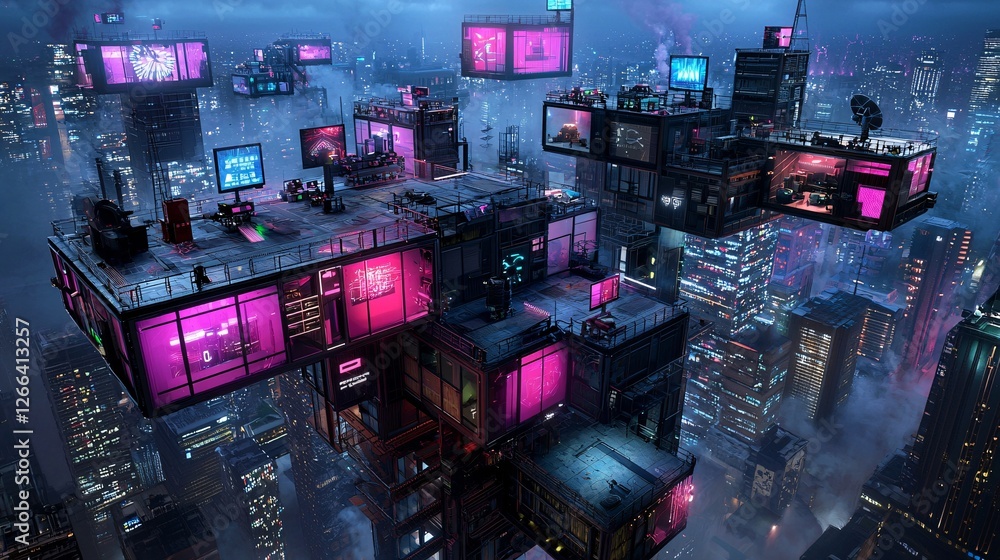 Poster a mesmerizing digital dream world where reality fractures into floating shards of neon geometry, eac
