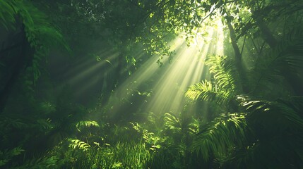 Obraz premium Ferns in the forest with sunbeams and lens flare