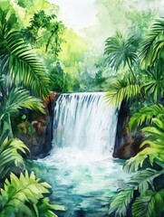 Lush tropical waterfall cascading through vibrant green foliage in a serene natural setting. Generative AI