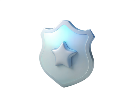 A modern holographic 3D icon of a police badge with a star in the center, isolated on white background, representing authority, security, and law enforcement in a sleek and futuristic design.