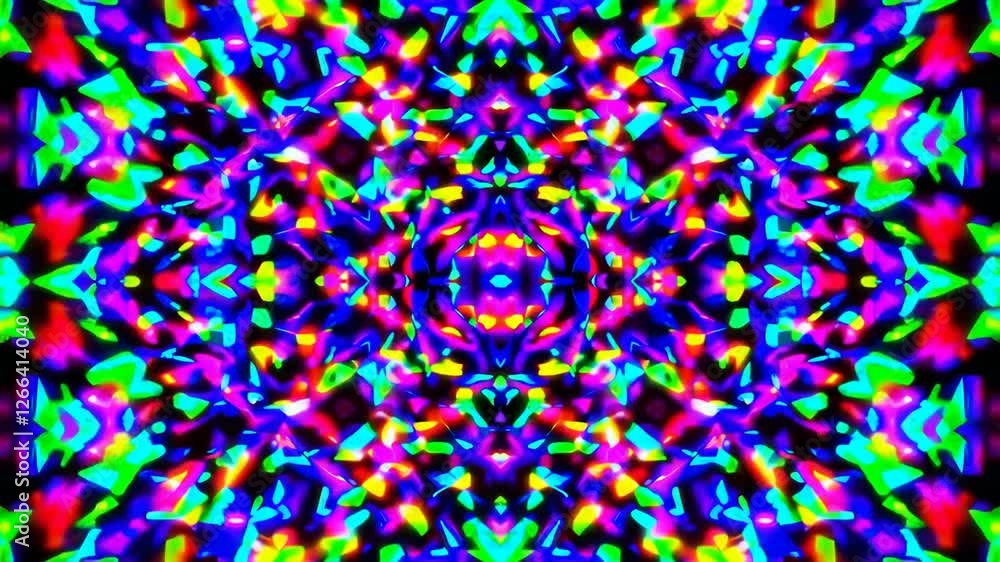 Poster vibrant abstract kaleidoscope pattern in neon colors, symmetry and intricate design. psychedelic art