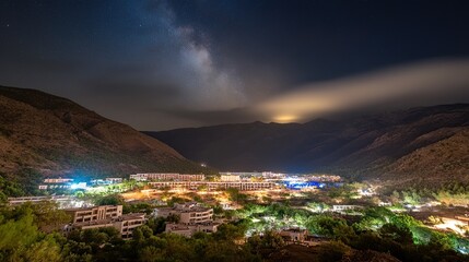 Milky Way over mountain resort at night