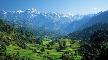 Obraz premium Lush Green Valley Surrounded by Majestic Snow-Capped Mountains Under Clear Blue Sky
