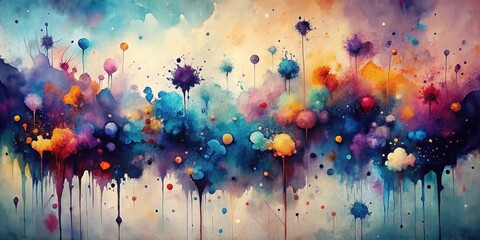 Fototapeta premium An Ethereal Landscape of Vibrant Hues and Abstract Floral Forms, Featuring a Symphony of Colors and Dripping Paint Effects