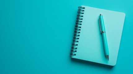 A teal spiral notebook and pen rest on a matching background, ready for notes and ideas.