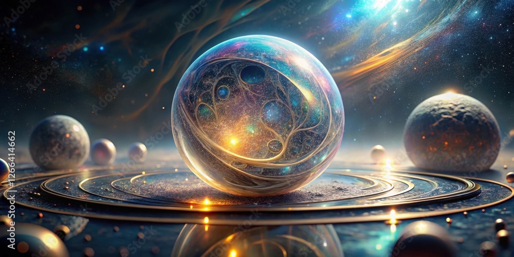 Wall mural cosmic orb a celestial sphere encapsulating infinite galaxies and nebulae within a golden framework 