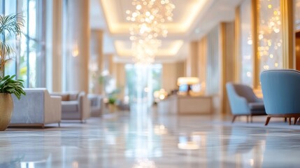 Fototapeta premium Modern luxury hotel lobby interior with abstract blur effect, showcasing elegant contemporary design, warm ambient lighting, and spacious lounge area for a sophisticated and welcoming atmosphere