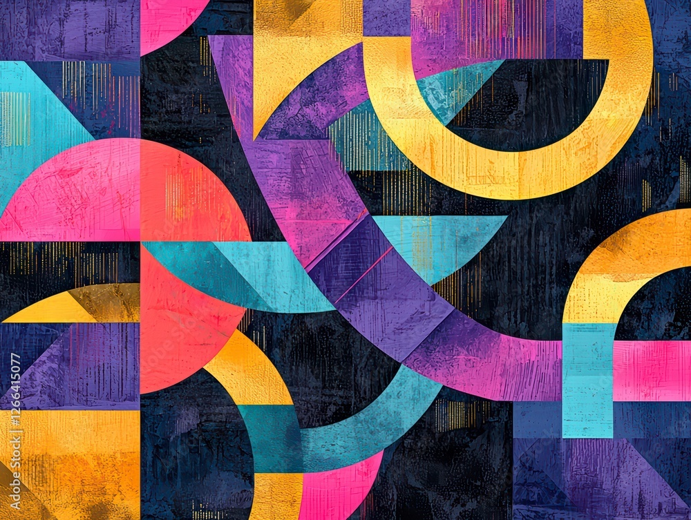 Poster abstract geometry: an explosion of colors and shapes, featuring geometric patterns of arcs, squares,
