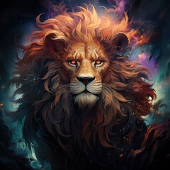 A majestic lion with a flowing mane, set against a vibrant cosmic backdrop, exuding power and grace.