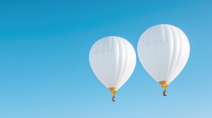 Fototapeta premium Two white hot air balloons in clear blue sky. Leisure activity, perfect for background use