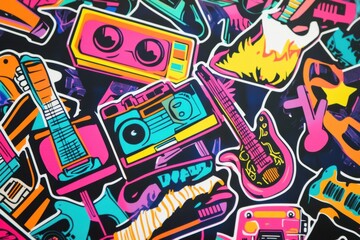 Fototapeta premium Retro sticker collection featuring roller skates, cassette tapes, electric guitars, and vibrant graffiti designs. Generative AI