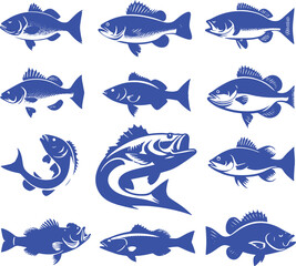Obraz premium Twelve blue fish silhouettes.