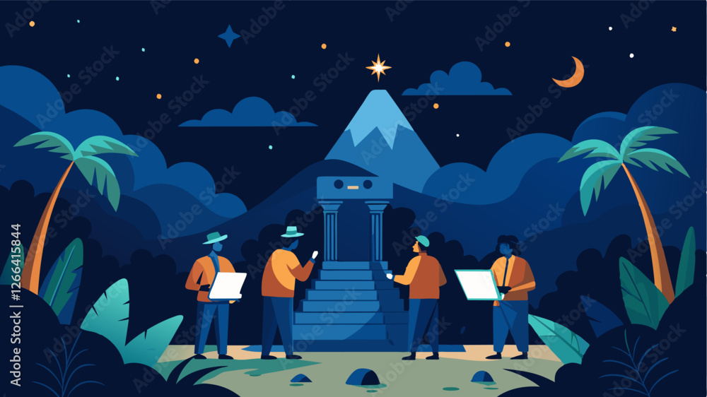 Poster underneath a starry night sky a team of historians work remotely to decipher ancient hieroglyphics f