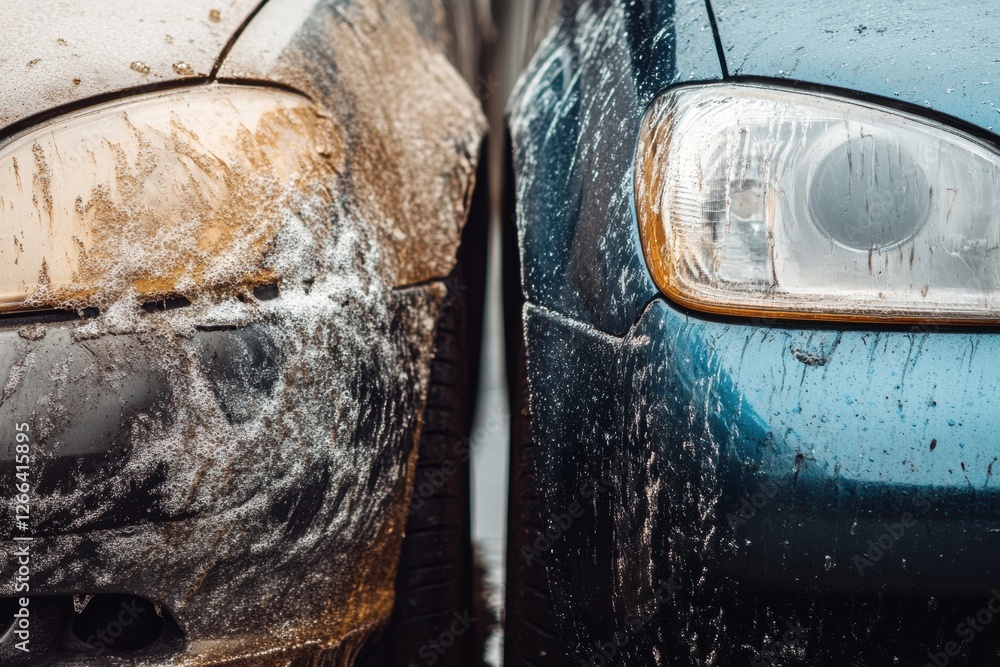 Poster Comparison of a scratched and dirty car with a shiny and polished counterpart showcasing contrasting vehicle conditions. Generative AI