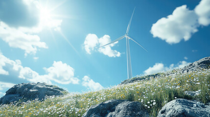Energy Reuse and Renewable Energy，a high-tech renewable energy recovery system, seamlessly integrating with towering wind turbines and expansive solar panels in the distance. this advanced setup repre