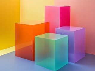 Obraz premium Colorful Acrylic Blocks: Four vibrant, translucent acrylic blocks in shades of orange, teal, pink, and purple, arranged against a pastel backdrop.