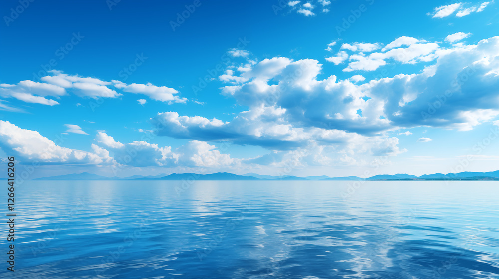 Wall mural blue sky over calm sea. blue sea and sunny sky on horizon over calm water
