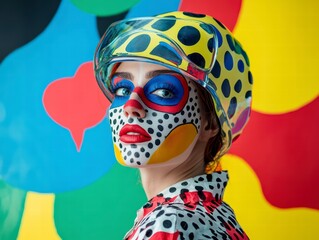 Pop Art Portrait: A striking female model with vibrant pop art makeup and a transparent helmet...