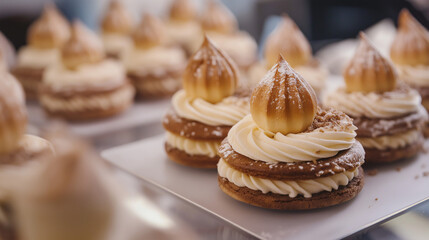 delicious cream cake, dessert on display, Mont Blanc cake, sweet dessert, bakery, cream cake, cupcakes with chocolate and cream