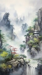 lanscape background, forest, mountain, river Created with Generative AI technology