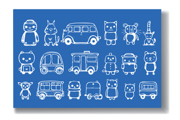Cute cartoon animals and vehicles on blue background
