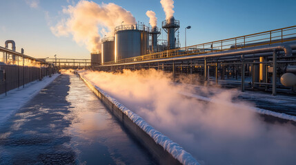 Obraz premium Energy Reuse and Renewable Energy，a high-tech renewable energy recovery system, seamlessly integrating with towering wind turbines and expansive solar panels in the distance. this advanced setup repre