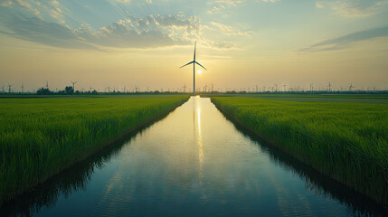 Obraz premium Energy Reuse and Renewable Energy，a high-tech renewable energy recovery system, seamlessly integrating with towering wind turbines and expansive solar panels in the distance. this advanced setup repre