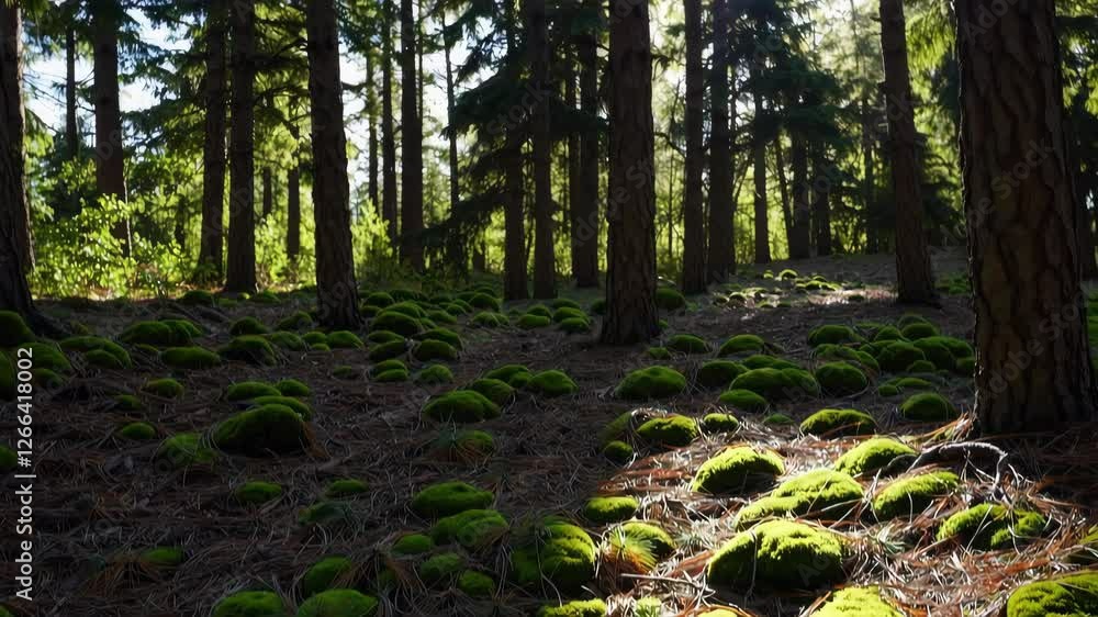 Poster mossy forest floor with sunlight filtering through trees, tranquil nature scene