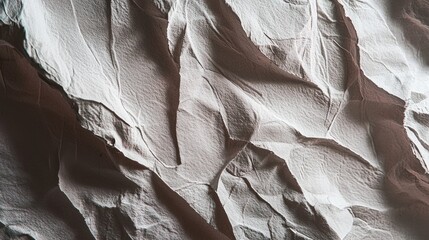 Close-up of crumpled white paper texture showcasing intricate folds and shadows, ideal for backgrounds