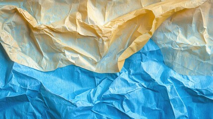 Crumpled paper texture in blue and yellow hues, creating an abstract background effect
