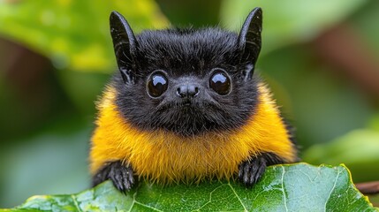 Close-up of a vibrant, fluffy creature perched on a green leaf in a lush, natural setting